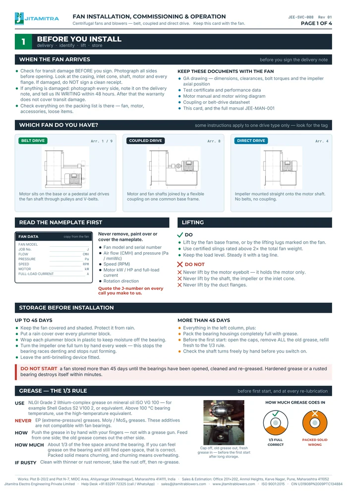 Page one of the Jitamitra fan installation and commissioning field card