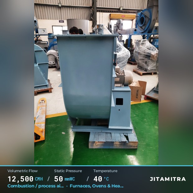 Backward-curved fan built by Jitamitra for combustion and process air, 12,500 CMH at 50 mmWC and 40 °C