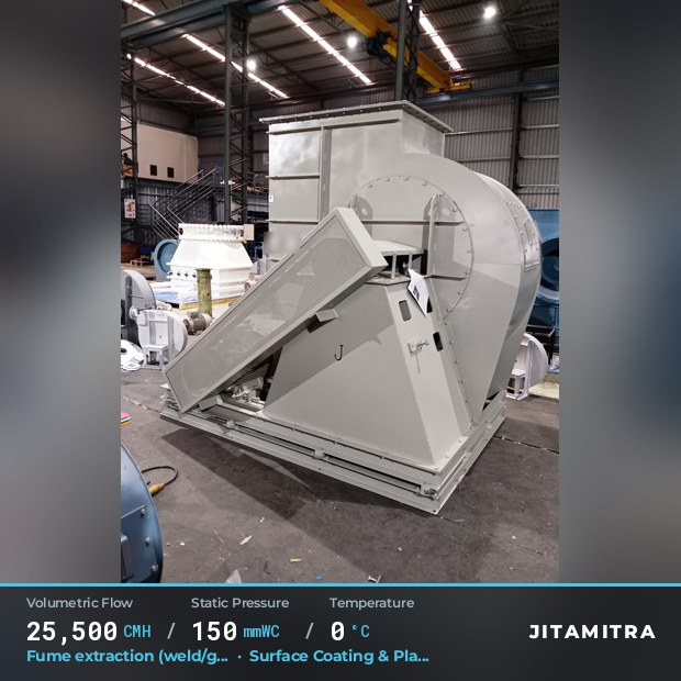 Backward-curved fan built by Jitamitra for weld and furnace fume extraction, 25,500 CMH at 150 mmWC