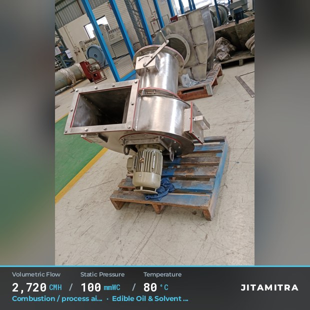Backward-curved fan built by Jitamitra for combustion and process air, 2,720 CMH at 100 mmWC and 80 °C
