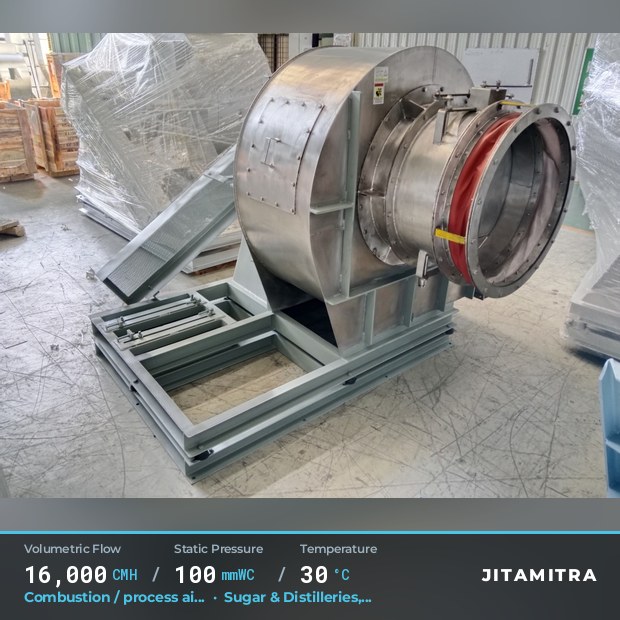 Backward-curved fan built by Jitamitra for combustion and process air, 16,000 CMH at 100 mmWC and 30 °C