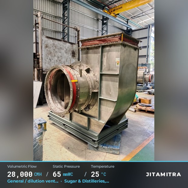 Backward-curved fan built by Jitamitra for dilution ventilation, 28,000 CMH at 65 mmWC and 25 °C