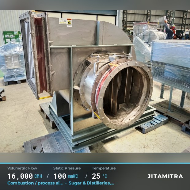 Backward-curved fan built by Jitamitra for combustion and process air, 16,000 CMH at 100 mmWC and 25 °C