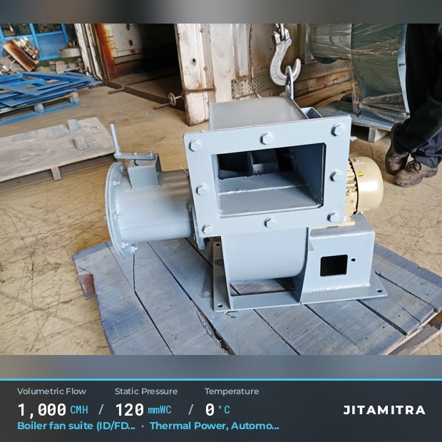 Backward-curved fan built by Jitamitra for boiler fan suites in thermal power plants, 1,000 CMH at 120 mmWC