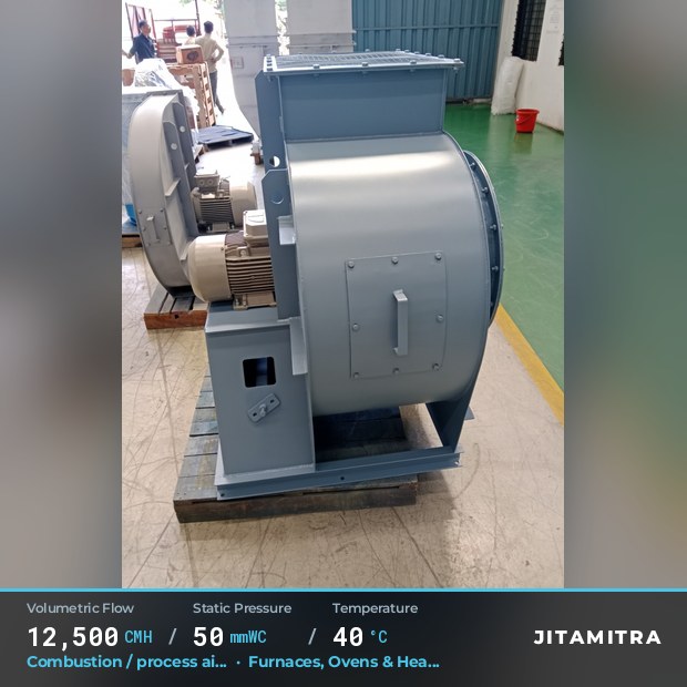 Backward-curved fan built by Jitamitra for combustion and process air, 12,500 CMH at 50 mmWC and 40 °C