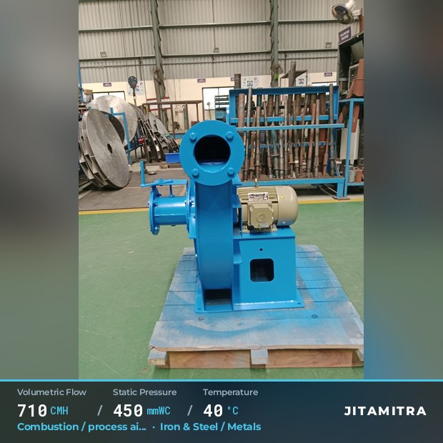 Backward-curved fan built by Jitamitra for combustion and process air, 710 CMH at 450 mmWC and 40 °C