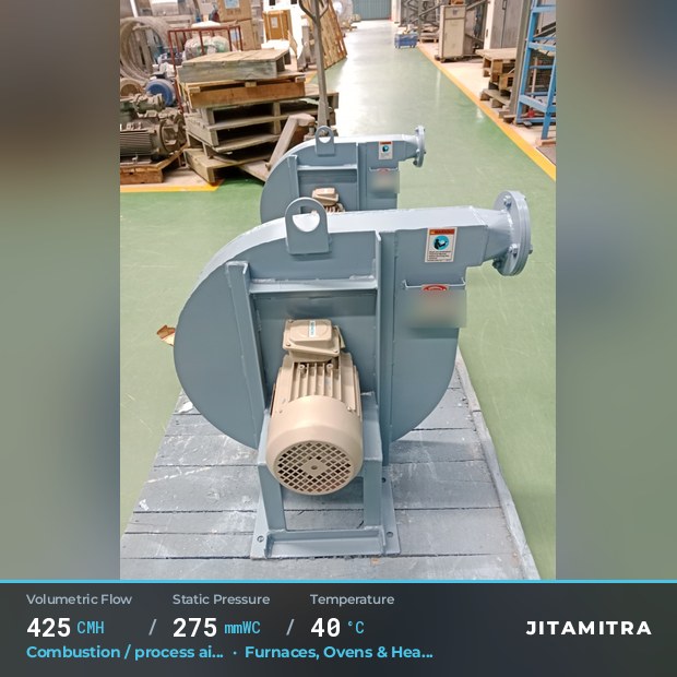 Backward-curved fan built by Jitamitra for combustion and process air, 425 CMH at 275 mmWC and 40 °C