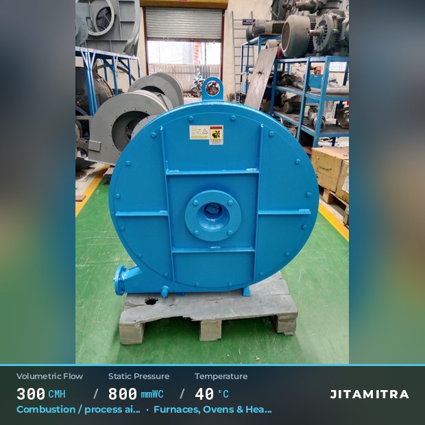Backward-curved fan built by Jitamitra for combustion and process air, 300 CMH at 800 mmWC and 40 °C