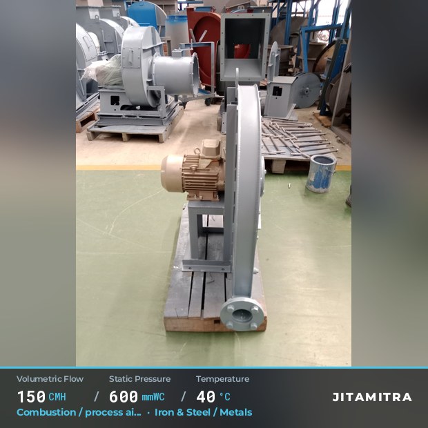 Backward-curved fan built by Jitamitra for combustion and process air, 150 CMH at 600 mmWC and 40 °C