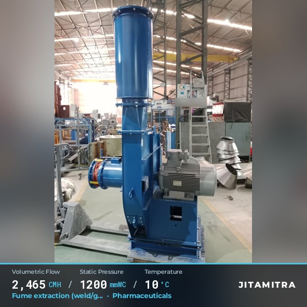 Backward-curved fan built by Jitamitra for weld and furnace fume extraction, 2,465 CMH at 1,200 mmWC and 10 °C
