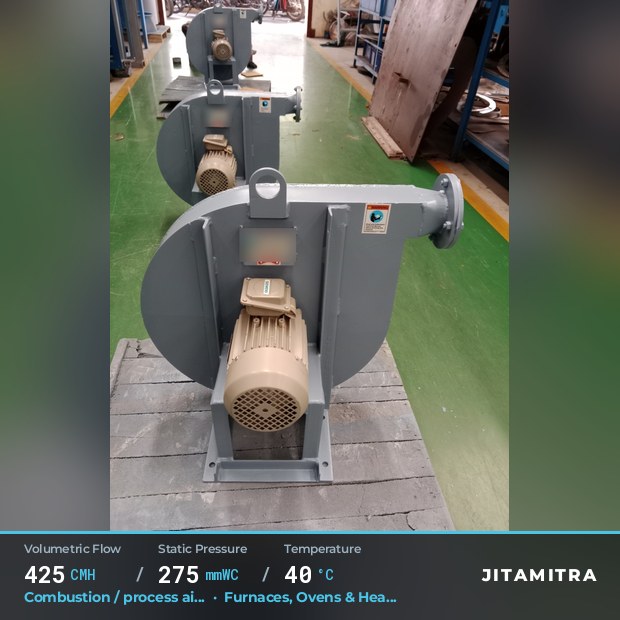 Backward-curved fan built by Jitamitra for combustion and process air, 425 CMH at 275 mmWC and 40 °C