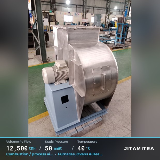 Backward-curved fan built by Jitamitra for combustion and process air, 12,500 CMH at 50 mmWC and 40 °C