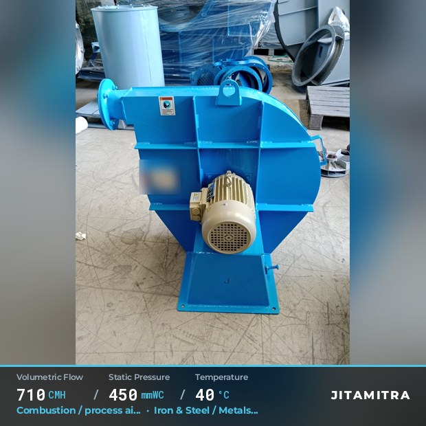 Backward-curved fan built by Jitamitra for combustion and process air, 710 CMH at 450 mmWC and 40 °C