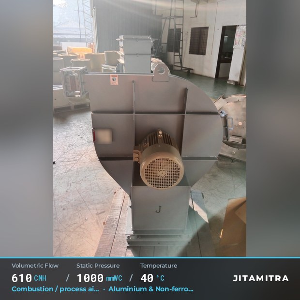 Backward-curved fan built by Jitamitra for combustion and process air, 610 CMH at 1,000 mmWC and 40 °C