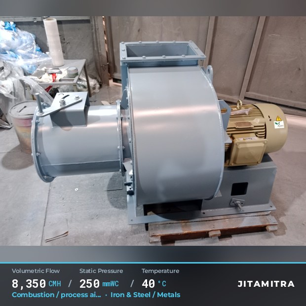 Backward-curved fan built by Jitamitra for combustion and process air, 8,350 CMH at 250 mmWC and 40 °C