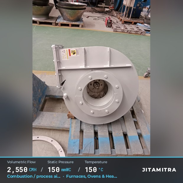Backward-curved fan built by Jitamitra for combustion and process air, 2,550 CMH at 150 mmWC and 150 °C
