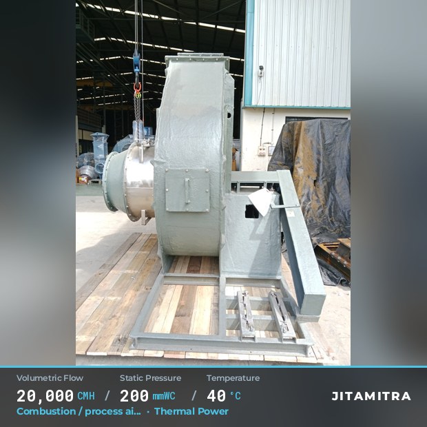 Backward-curved fan built by Jitamitra for combustion and process air, 20,000 CMH at 200 mmWC and 40 °C