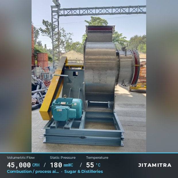 Backward-curved fan built by Jitamitra for combustion and process air, 45,000 CMH at 180 mmWC and 55 °C