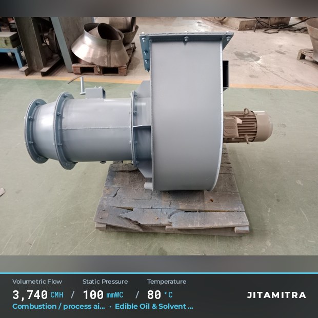 Backward-curved fan built by Jitamitra for combustion and process air, 3,740 CMH at 100 mmWC and 80 °C