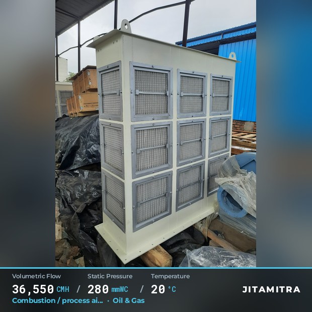 Backward-curved fan built by Jitamitra for combustion and process air in oil and gas, 36,550 CMH at 280 mmWC and 20 °C