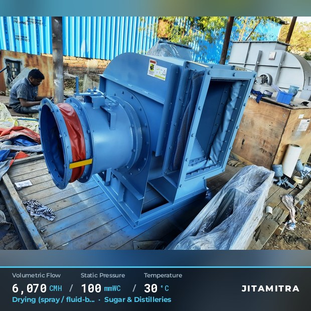 Backward-curved fan built by Jitamitra for spray and fluid-bed drying, 6,070 CMH at 100 mmWC and 30 °C