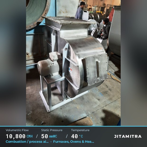 Backward-curved fan built by Jitamitra for combustion and process air, 10,800 CMH at 50 mmWC and 40 °C