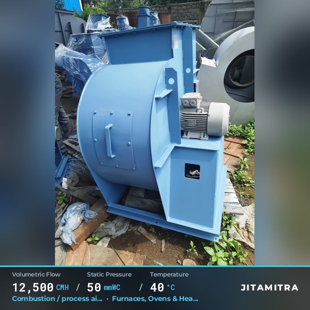 Backward-curved fan built by Jitamitra for combustion and process air, 12,500 CMH at 50 mmWC and 40 °C