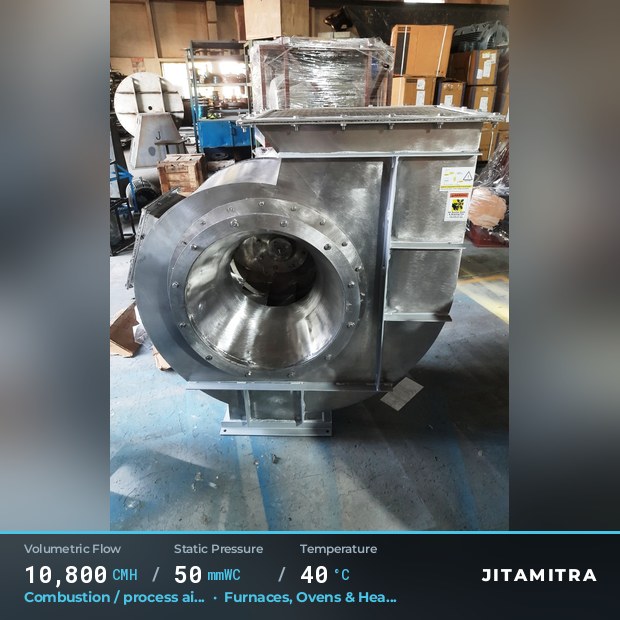 Backward-curved fan built by Jitamitra for combustion and process air, 10,800 CMH at 50 mmWC and 40 °C