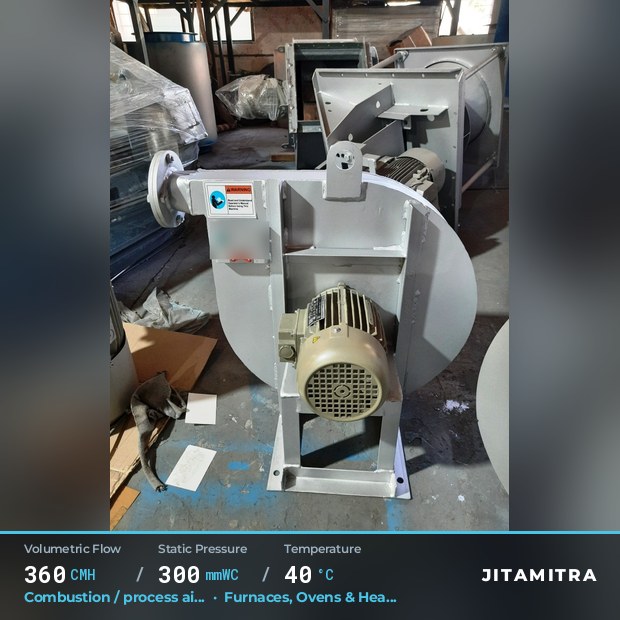 Backward-curved fan built by Jitamitra for combustion and process air, 360 CMH at 300 mmWC and 40 °C