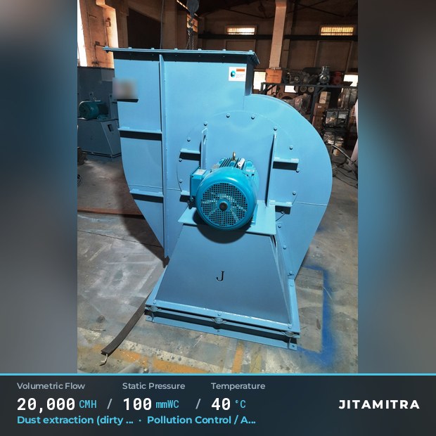 Backward-curved fan built by Jitamitra for dust extraction in pollution control OEMs, 20,000 CMH at 100 mmWC and 40 °C