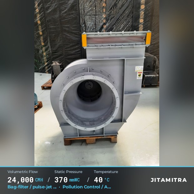 Backward-curved fan built by Jitamitra for bag-filter draught in pollution control OEMs, 24,000 CMH at 370 mmWC and 40 °C