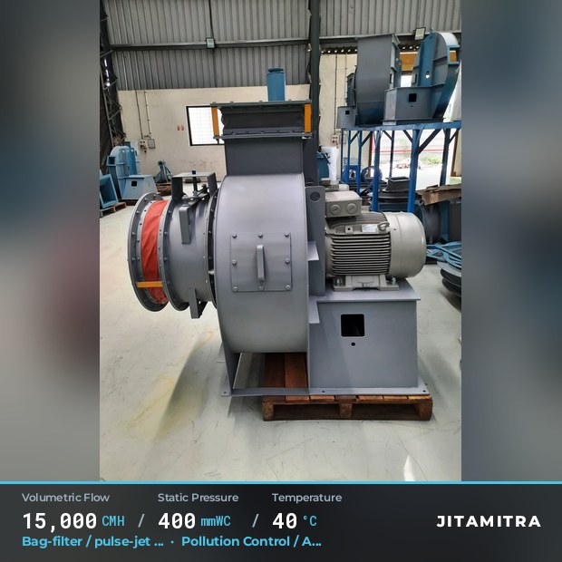 Backward-curved fan built by Jitamitra for bag-filter draught in pollution control OEMs, 15,000 CMH at 400 mmWC and 40 °C