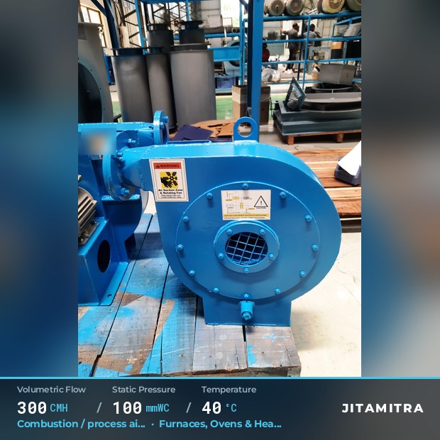 Backward-curved fan built by Jitamitra for combustion and process air, 300 CMH at 100 mmWC and 40 °C