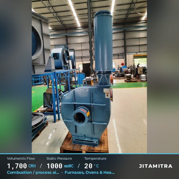Backward-curved fan built by Jitamitra for combustion and process air, 1,700 CMH at 1,000 mmWC and 20 °C