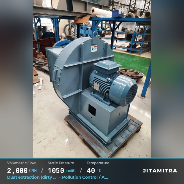 Backward-curved fan built by Jitamitra for dust extraction in pollution control OEMs, 2,000 CMH at 1,050 mmWC and 40 °C