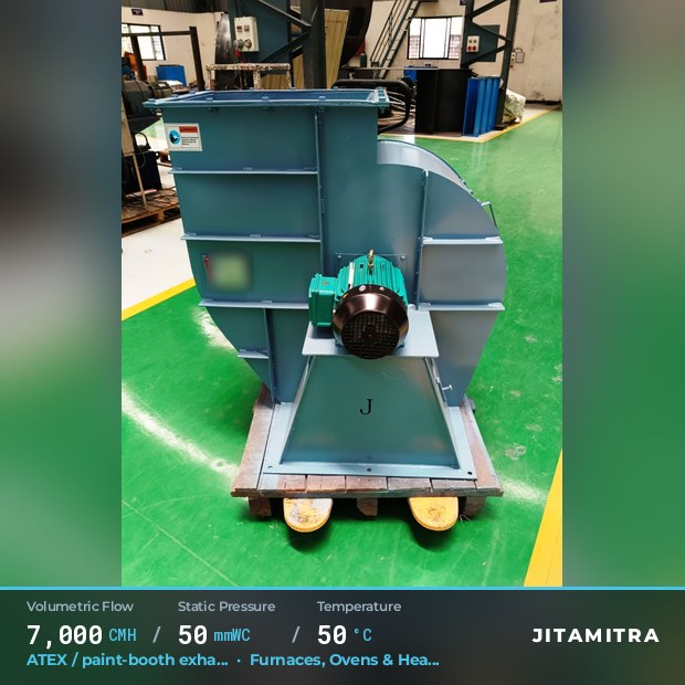 Backward-curved fan built by Jitamitra for ATEX paint-booth exhaust, 7,000 CMH at 50 mmWC and 50 °C