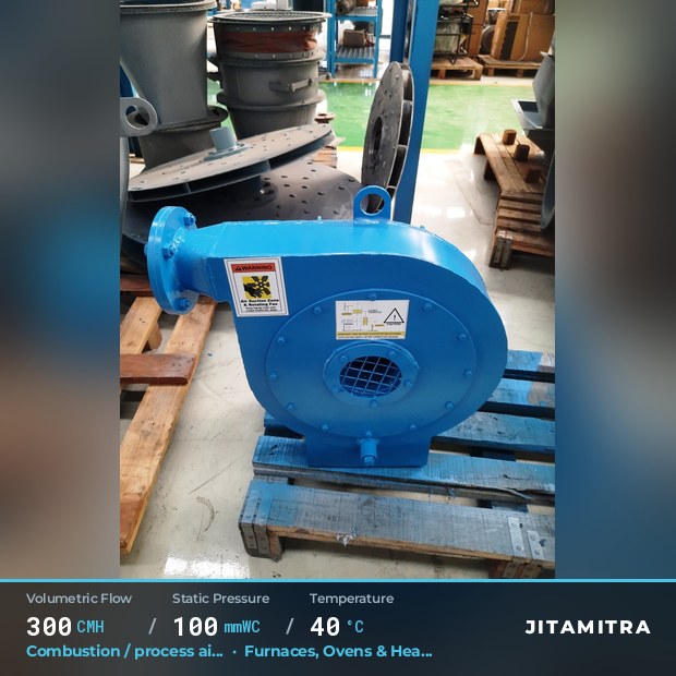 Backward-curved fan built by Jitamitra for combustion and process air, 300 CMH at 100 mmWC and 40 °C