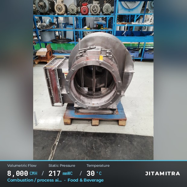 Backward-curved fan built by Jitamitra for combustion and process air, 8,000 CMH at 217 mmWC and 30 °C