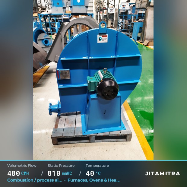 Backward-curved fan built by Jitamitra for combustion and process air, 480 CMH at 810 mmWC and 40 °C