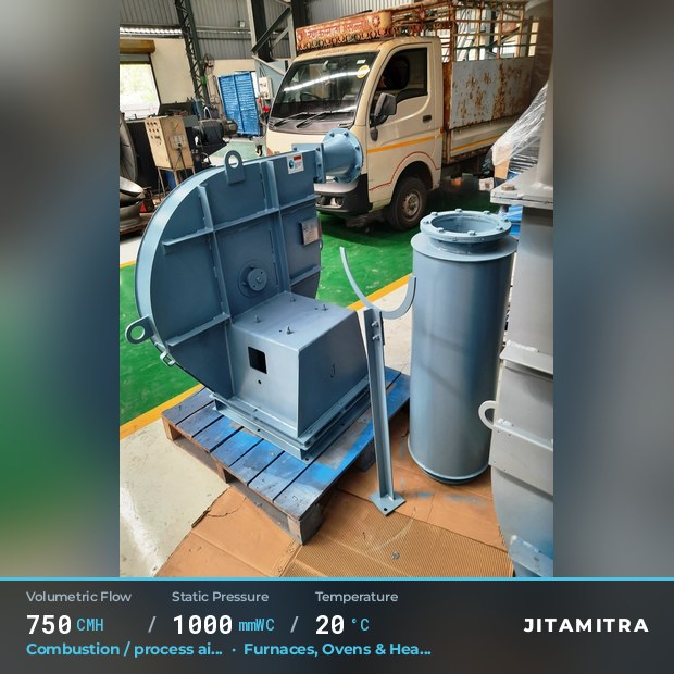 Backward-curved fan built by Jitamitra for combustion and process air, 750 CMH at 1,000 mmWC and 20 °C