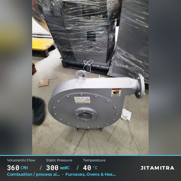 Backward-curved fan built by Jitamitra for combustion and process air, 360 CMH at 300 mmWC and 40 °C