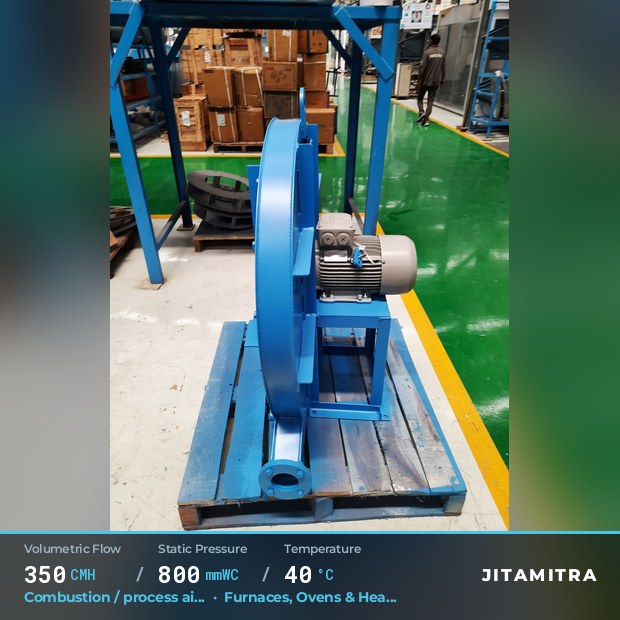 Backward-curved fan built by Jitamitra for combustion and process air, 350 CMH at 800 mmWC and 40 °C