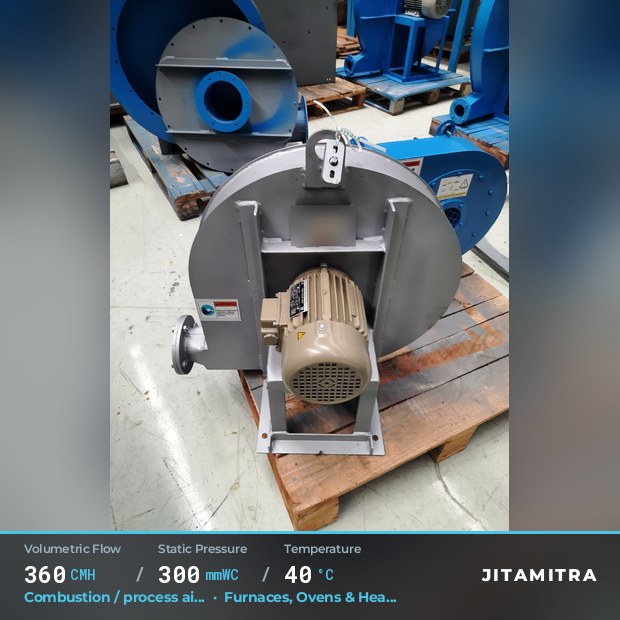 Backward-curved fan built by Jitamitra for combustion and process air, 360 CMH at 300 mmWC and 40 °C