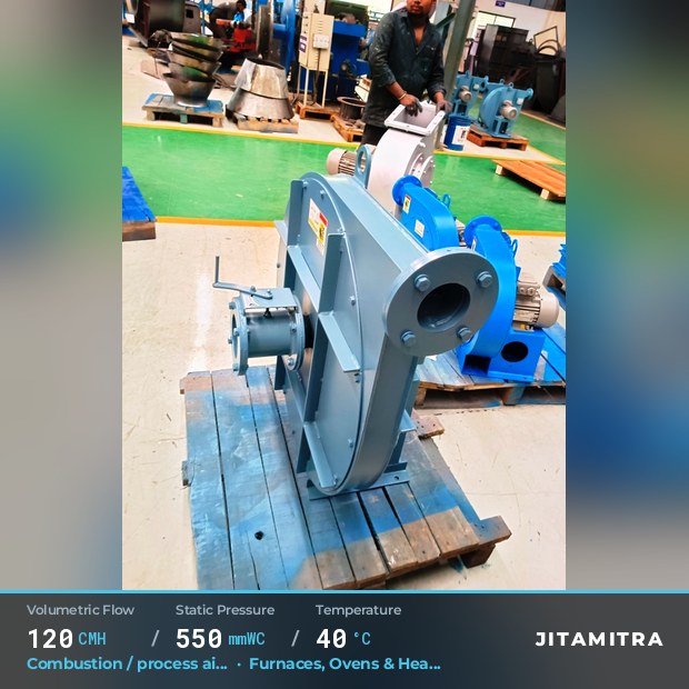 Backward-curved fan built by Jitamitra for combustion and process air, 120 CMH at 550 mmWC and 40 °C