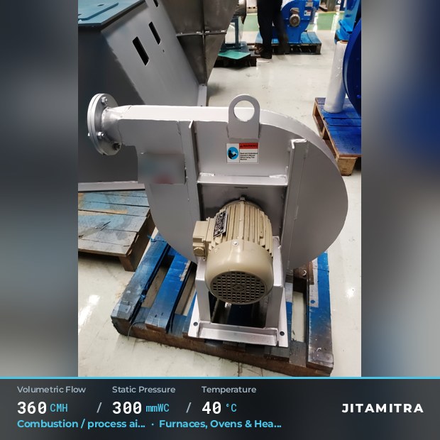 Backward-curved fan built by Jitamitra for combustion and process air, 360 CMH at 300 mmWC and 40 °C