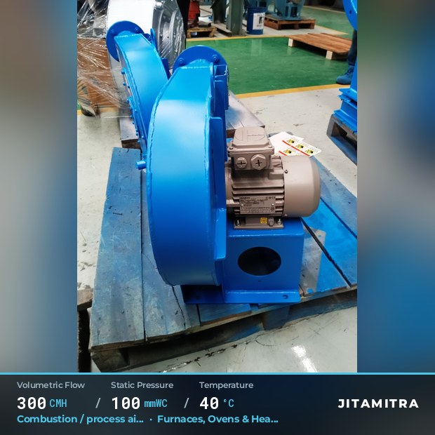Backward-curved fan built by Jitamitra for combustion and process air, 300 CMH at 100 mmWC and 40 °C