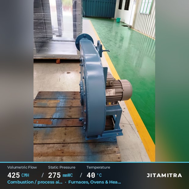 Backward-curved fan built by Jitamitra for combustion and process air, 425 CMH at 275 mmWC and 40 °C