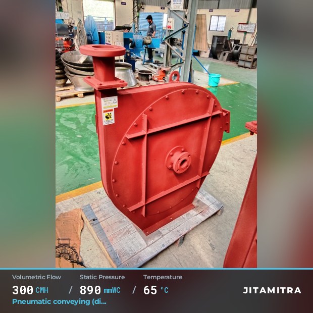 Backward-curved fan built by Jitamitra for pneumatic conveying, 300 CMH at 890 mmWC and 65 °C