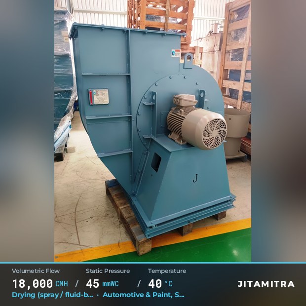 Backward-curved fan built by Jitamitra for spray and fluid-bed drying, 18,000 CMH at 45 mmWC and 40 °C