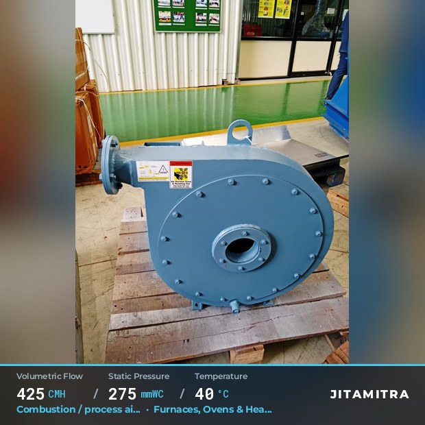 Backward-curved fan built by Jitamitra for combustion and process air, 425 CMH at 275 mmWC and 40 °C
